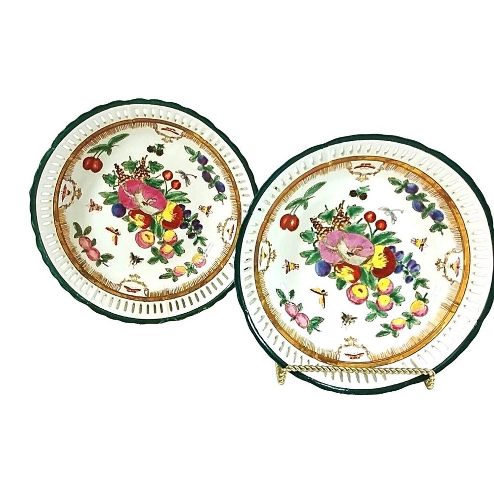 Serving Bowl Fruit Motif Open Lattice Rim Bottom Chopmark 9" Set of 2 - Picture 2 of 10